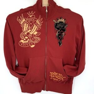 Ed Hardy Men's Full Zip Cardigan Jacket Sweater Size XL Red *READ*
